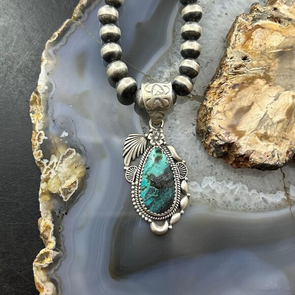 Sterling Southwestern Style Teardrop Turquoise Decorated Pendant For Women - Picture 2 of 10